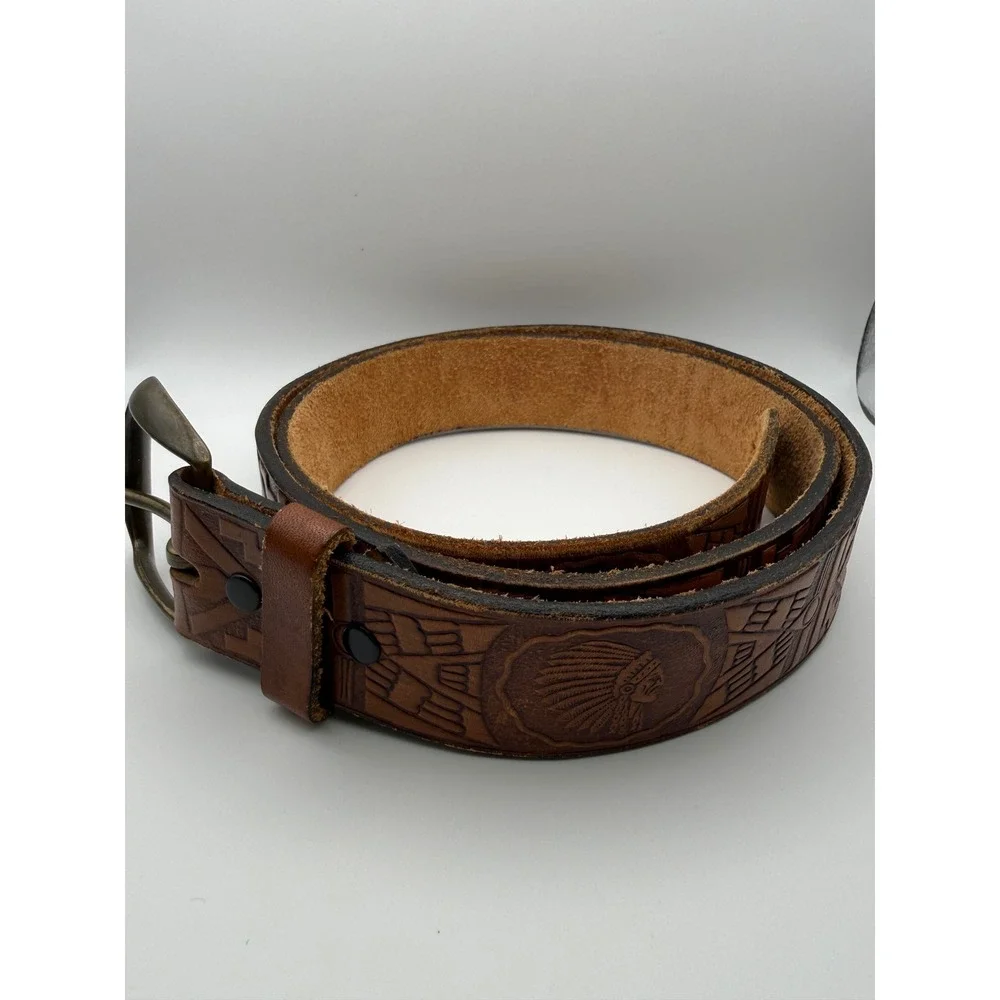 Vintage 70s Hand Tooled Leather Southwestern Pueblo Boho Belt